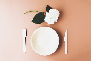 Biodegradable eco friendly wooden cutlery and plate on brown background.