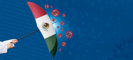 Ein Schirm mit der Flagge von Mexico schützt sich vor Corona-Viren, Banner.