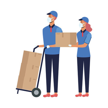 Woman and man with masks and boxes on cart vector design