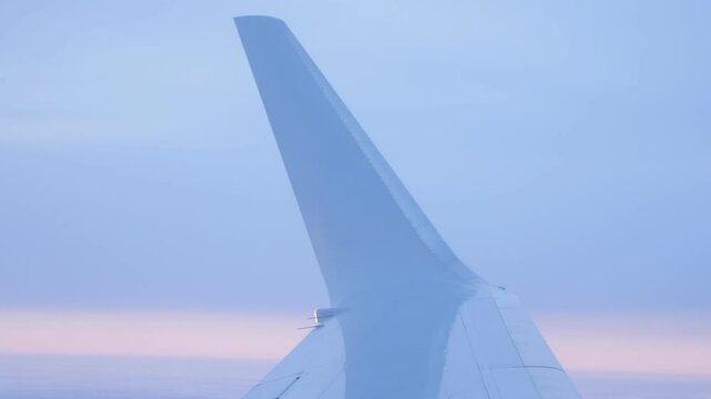 flying airplane white wing winglet against breathtaking morning sky view of tender blue and pink colors extreme closeup. Concept airplane travel