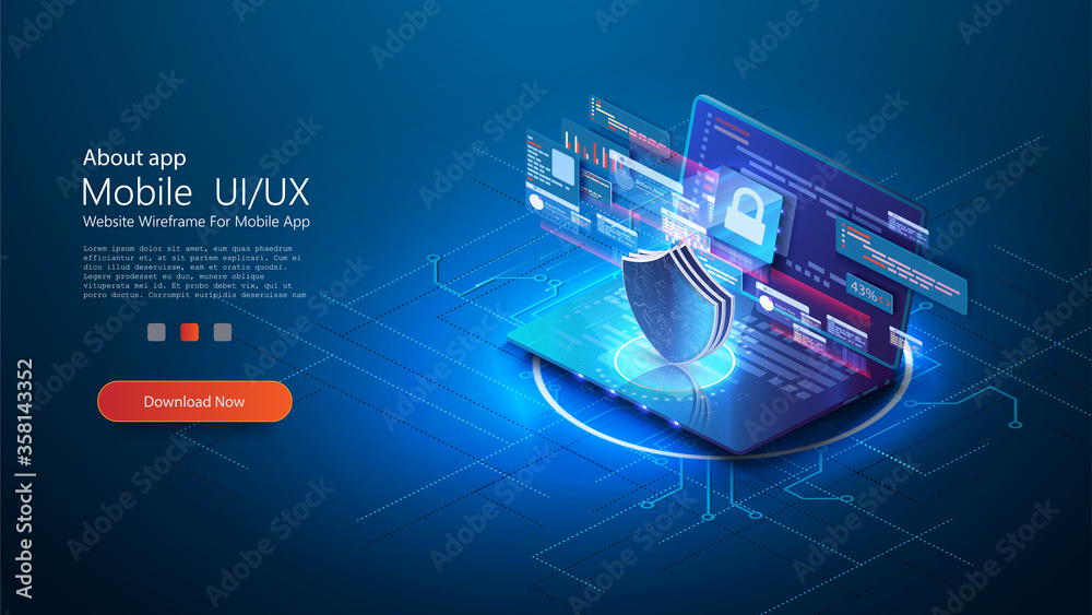 Wall mural cyber security, data protection, cyberattacks concept on blue background. database security software