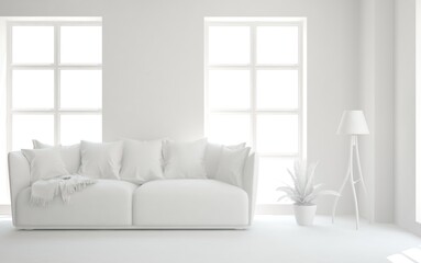 White minimalist living room with sofa. Scandinavian interior design. 3D illustration