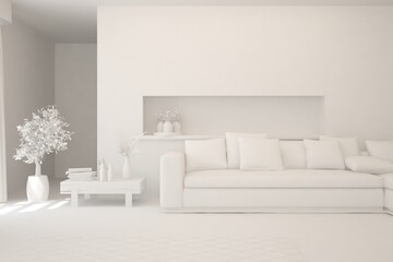 White minimalist living room with sofa. Scandinavian interior design. 3D illustration