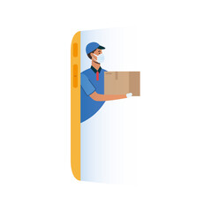 Delivery man with mask and box on smartphone vector design