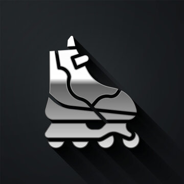 Silver Roller skate icon isolated on black background. Long shadow style. Vector Illustration