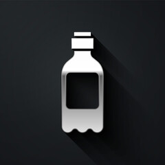 Silver Bottle of water icon isolated on black background. Soda aqua drink sign. Long shadow style. Vector Illustration