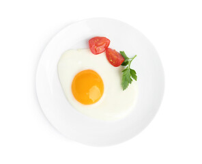 Tasty fried egg with parsley and tomato isolated on white, top view