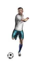 Fototapeta premium Young man playing football on white background