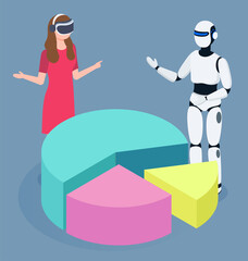 Artificial and human intellect dealing with data analysis. Isolated woman wearing virtual reality glasses and robot looking and diagram with segments. Automated process at work, vector in 3d style