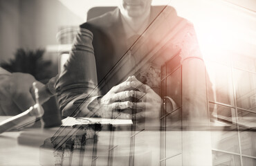 Law protection. Multiple exposure of judge with gavel, lawyer and building