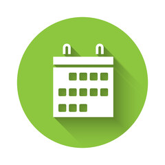 White Calendar icon isolated with long shadow. Event reminder symbol. Green circle button. Vector Illustration