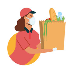 Delivery woman with mask and bag vector design
