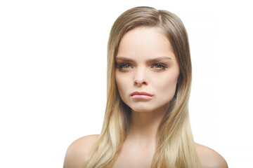 Naklejka premium A girl with an arrogant expression on a white background.