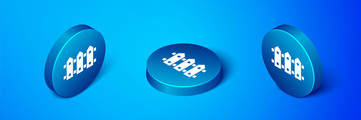 Isometric Garden fence wooden icon isolated on blue background. Blue circle button. Vector Illustration