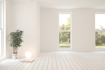 White empty room with summer landscape in window. Scandinavian interior design. 3D illustration