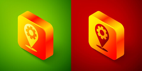 Isometric Location with gear icon isolated on green and red background. Square button. Vector Illustration