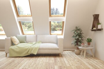 White living room with sofa and summer landscape in window. Scandinavian interior design. 3D illustration