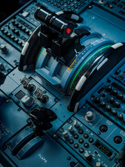 Closeup high detailed view power control and other aircraft control unit in the cockpit of modern...