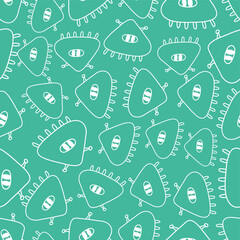 Seamless pattern with monsters vector illustration on green background. Perfect for kids bedroom, nursery decoration, posters, wrapping paper and wall decorations.