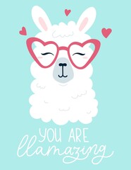 You are llamazing lettering print card with llama vector illustration. Inspirational decorative phrase with character. Alpaca wearing heart shaped sunglasses © mitoria