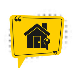 Black House with key icon isolated on white background. The concept of the house turnkey. Yellow speech bubble symbol. Vector Illustration