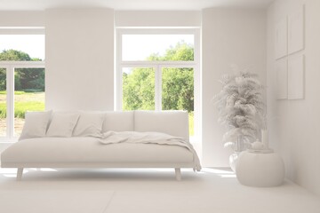 White minimalist living room with sofa. Scandinavian interior design. 3D illustration