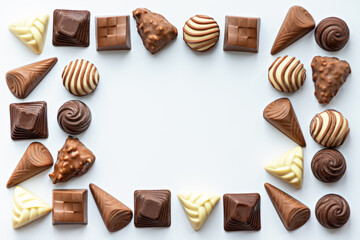 chocolate candies frame on white background, copy space, world chocolate day concept