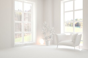 White living room with armchair and green landscape in window. Scandinavian interior design. 3D illustration