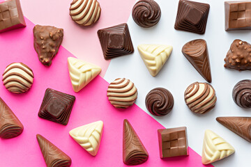 art chocolate candies on white pink background, world chocolate day concept