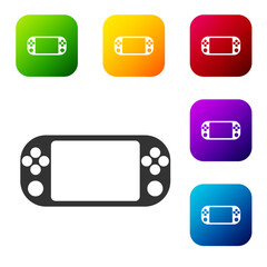 Black Portable video game console icon isolated on white background. Gamepad sign. Gaming concept. Set icons in color square buttons. Vector Illustration