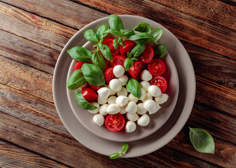 Caprese salad with tomato, mini mozzarella and basil on a old wooden table.
