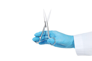 Doctor hand in glove holding scissors on white background