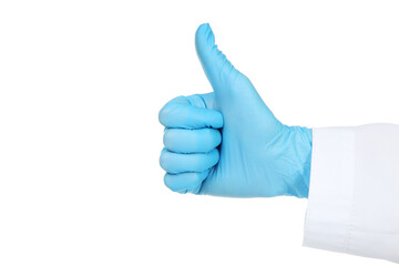 Doctor hand in glove showing thumb up on white background