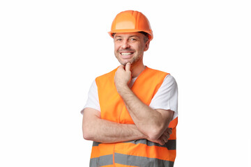 Happy Builder Smiling To Camera Posing Standing On White Background