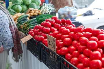 Ripe tomatoes on the counter of the Belarussian market.