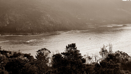mist over the river in classic black and white