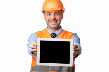 Builder Man Showing Tablet Screen Posing Over White Background, Mockup