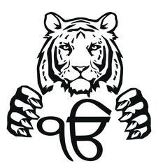 The Tiger and the most significant symbol of Sikhism - Sign Ek Onkar, drawing for tattoo, on a white background, vector