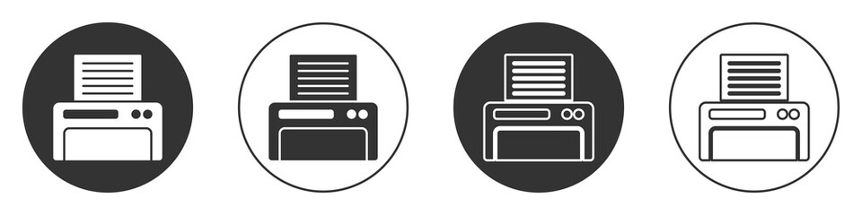 Black Printer icon isolated on white background. Circle button. Vector Illustration - obrazy, fototapety, plakaty