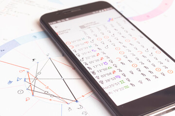 The desktop of an astrologer. Gadgets help the modern Oracle to make calculations. The magical mysterious atmosphere of the working environment of the predictor of the future.