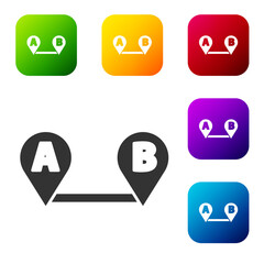 Black Route location icon isolated on white background. Map pointer sign. Concept of path or road. GPS navigator. Set icons in color square buttons. Vector Illustration