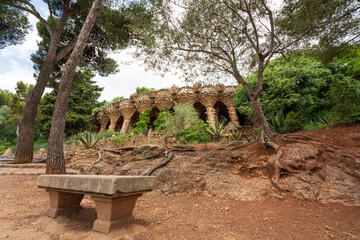 Fototapeta na wymiar BARCELONA, CATALONIA, SPAIN - JUNE 12, 2020: The famous Parc Güell designed by the architect Gaudi. Without tourists during phase 2 of the Covid-19 deescalation in the city of Barcelona.