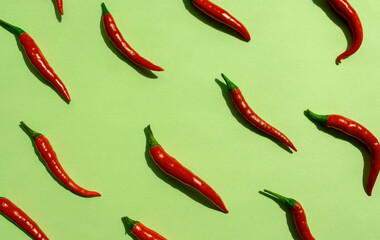 Red chilli peppers pattern on green background. Top view. Hot pepper flat lay.