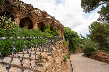BARCELONA, CATALONIA, SPAIN - JUNE 12, 2020: The famous Parc Güell designed by the architect Gaudi. Without tourists during phase 2 of the Covid-19 deescalation in the city of Barcelona.