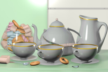 Fototapeta na wymiar 3d illustration of china tea set with kettle cup and candy white still life