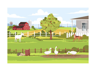 Farm with animals semi flat vector illustration. Geese eating seed on pasture. Milk goat stand outside ranch. Rural lifestyle activity. Farmland 2D cartoon landscape for commercial use © IMG visuals icons