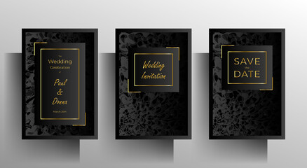 Wedding invitation template set. Elegant black design with hand-drawn graphic elements. EPS 10 vector.