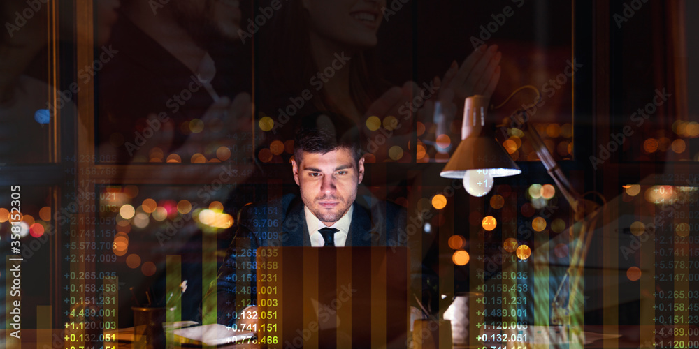Poster financial trader using laptop in office at night, collage with people clapping hands and financial n