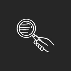 Magnify glass chalk white icon on black background. Hand with lens. Close inspection. Search for information. Freelance detective. Business research. Isolated vector chalkboard illustration