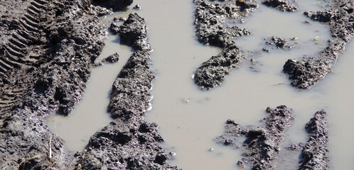 High angle close-up view of an area of wet mud with standing water marked with a tire track